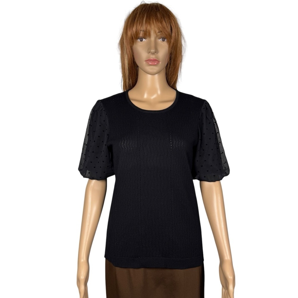 NWT New $89 Adrianna Papell Pointelle Knit Short Chiffon Sleeve Black Top Size S